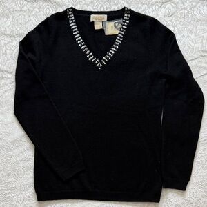 Peck & Peck 100% Cashmere Black V-Neck Sweater with Sequin Trim - Size S